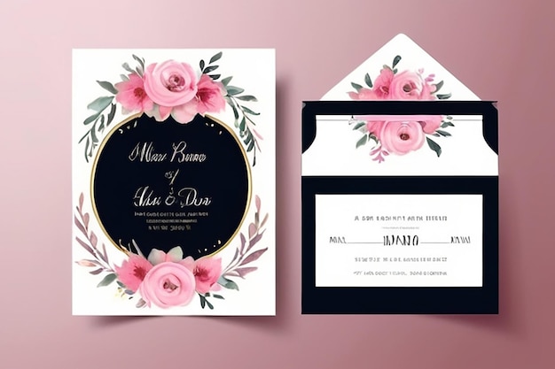 Foto frame de convite de casamento conjunto de aquarela floral desenho digital à mão desenho de flor rosa cartão de convite