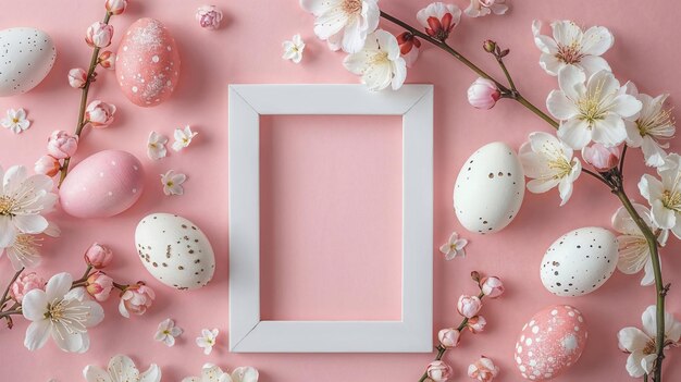 Frame de decoração de ovos de Páscoa e flores em fundo pastel cópia de espaço modelo de cartão de saudação