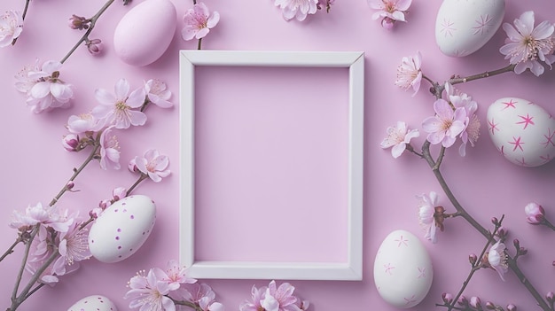Frame de decoração de ovos de Páscoa e flores em fundo pastel cópia de espaço modelo de cartão de saudação