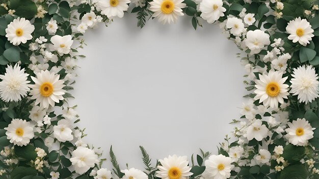 Frame de flores com margaridas brancas e galhos de eucalipto