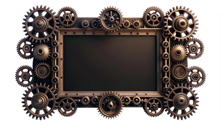Foto frame de fronteira de automação 3d impulsionado por ia com engrenagens de engenharia de precisão e padrões digitais para cópia