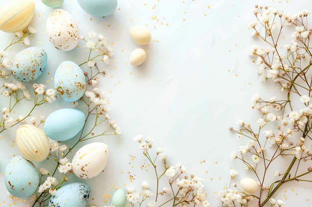 Frame de Páscoa feliz com ovos de Páscua azuis e brancos flores de primavera com espaço de cópia para texto
