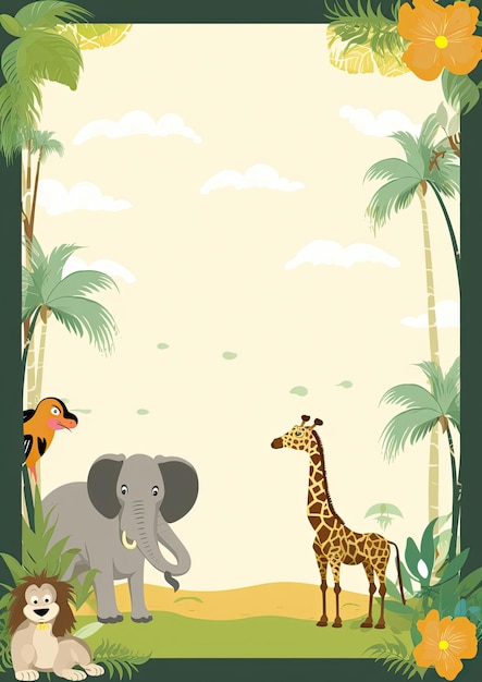 Frame de imagen con girafa, elefante y león