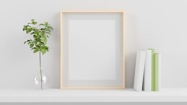 Frame mock up em uma prateleira renderização em 3d