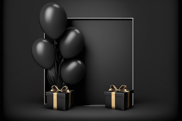 Foto frame mockup geburtstag schwarze geschenke minimale goldene luftballons in schwarz blackground generative ai