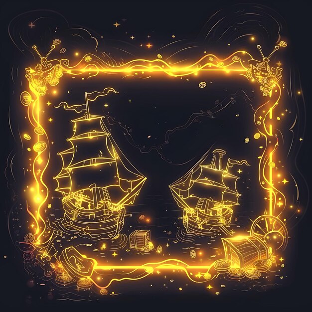 Frame of Pirates Treasure Arcane Frame com navios piratas e tesouro Y2K Collage Glow Outline Art