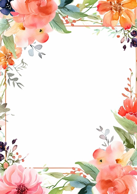 Frame quadrado de borda de cartão com flores e folhas de aquarela