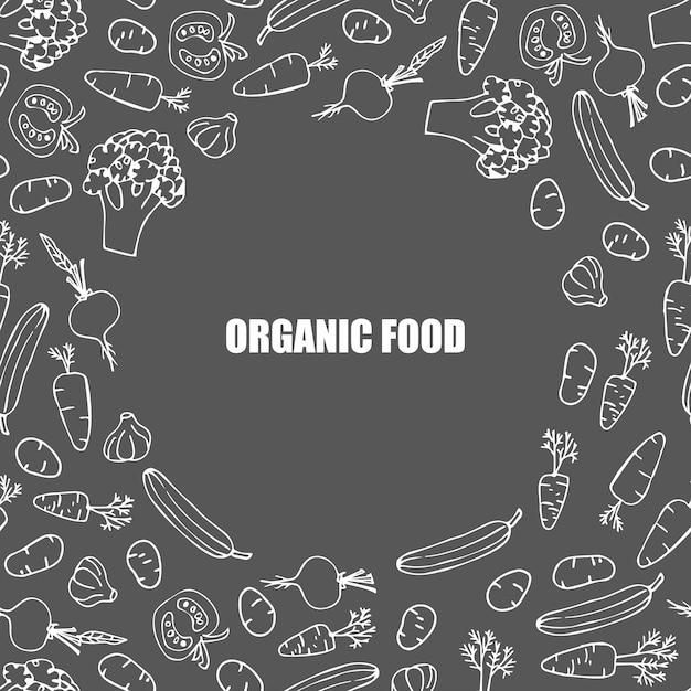 Frame redondo de vegetais com borda de linha branca em fundo cinza escuro logotipo de alimentos orgânicos círculo
