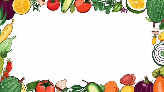 Frame vectorial de frutas y verduras frescas dibujado a mano