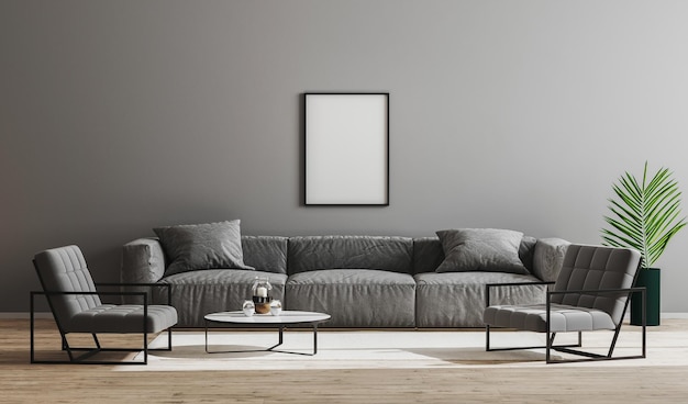 Frames pretos em branco simulam o interior da sala de estar minimalista moderna com sofá cinza, poltronas e mesa de café.