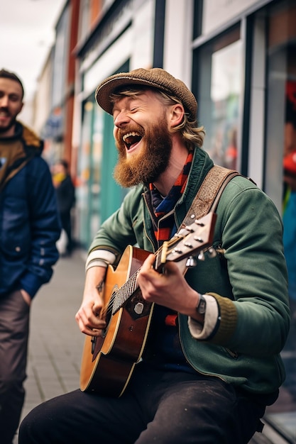 Foto una franca captura de músicos callejeros interpretando melodías irlandesas