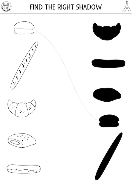 Francia actividad de coincidencia de sombras en blanco y negro rompecabezas con pastelería tradicional francesa Encuentra la silueta correcta hoja de trabajo imprimible página de colorear divertida para niños con baguette croissant eclairxA