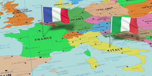 Francia e Italia fijan banderas en el mapa político ilustración 3D