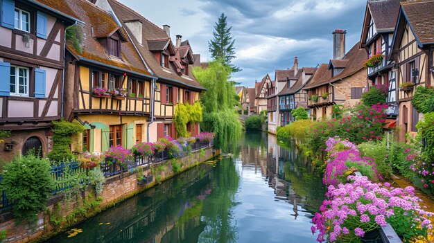 Francia Pequeñas vías fluviales y edificios clásicos de madera