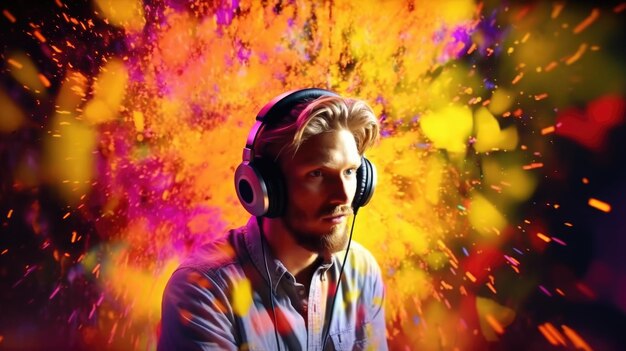Foto un franco y emocionado dj joven escandinavo mezclando música en tocadiscos con auriculares hermosa ia generativa aig32
