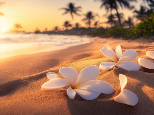 Frangipani-Blüten auf dem Sand ai generativ