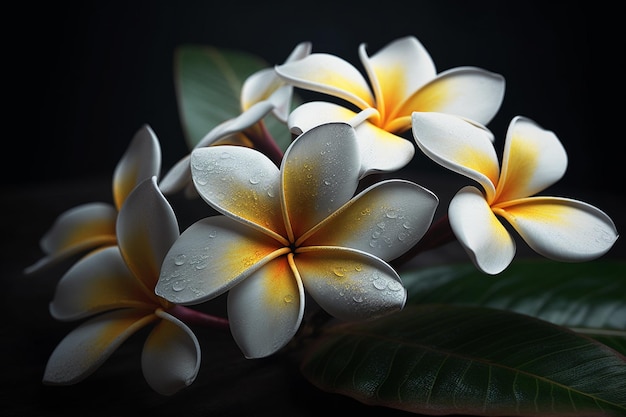 Frangipani o Plumeria flores con hojas sobre un fondo gris 3D renderizado ai generativo