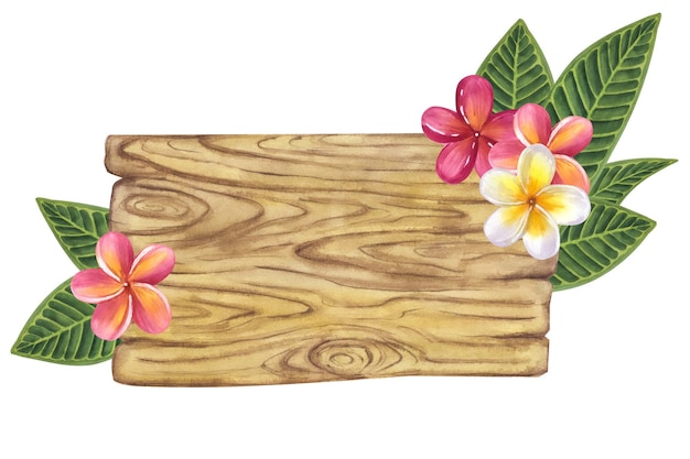 Frangipani Plumeria letrero de madera hojas de palma flor rosa amarilla ilustración acuarela tropical