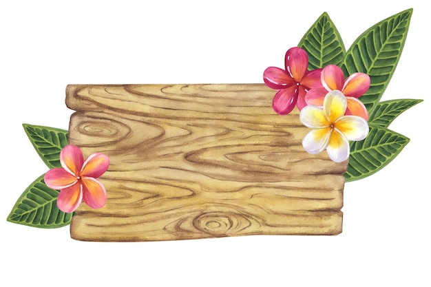 Foto frangipani plumeria tabuleta de madeira folhas de palmeira flor rosa amarela ilustração em aquarela tropical