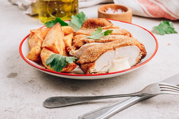 Frango à milanesa recheado com queijo e batata