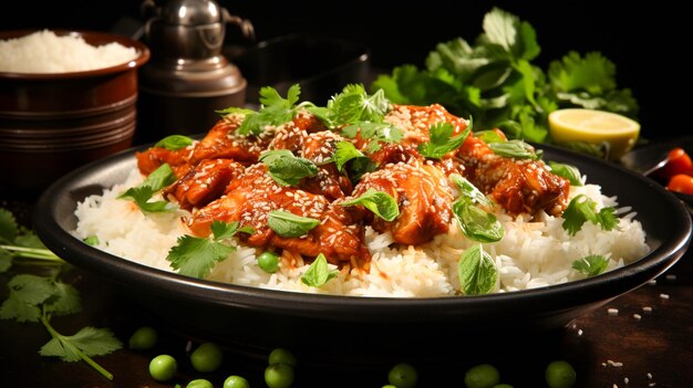 Frango ao molho de tomate com arroz em um prato sobre fundo verde