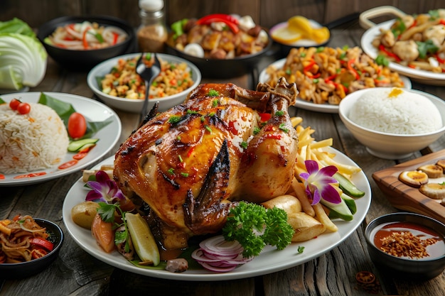 Frango assado com batatas fritas e salada de vegetais na mesa.