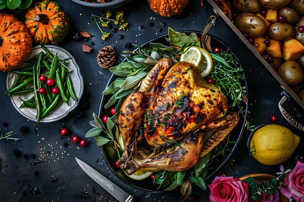 Frango assado com batatas fritas e salada de vegetais na mesa.