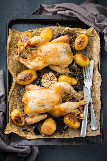 Frango assado com especiarias ervas garlis batatas pequenas