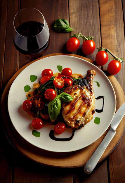 Frango assado com tomate cereja e um copo de vinho vermelho IA generativa