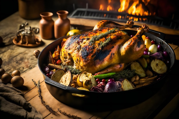 Frango assado com variedade de legumes Frango assado no forno Comida rústica Comida caseira Generativa AIxA