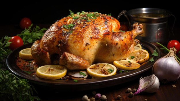 Frango assado e alho coberto com verduras e limão em uma mesa de madeira com desfoque de fundo