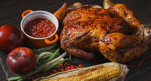 Frango assado e milho assado. mesa de jantar em família. frango assado e legumes com copos de cidra. delicioso jantar rústico