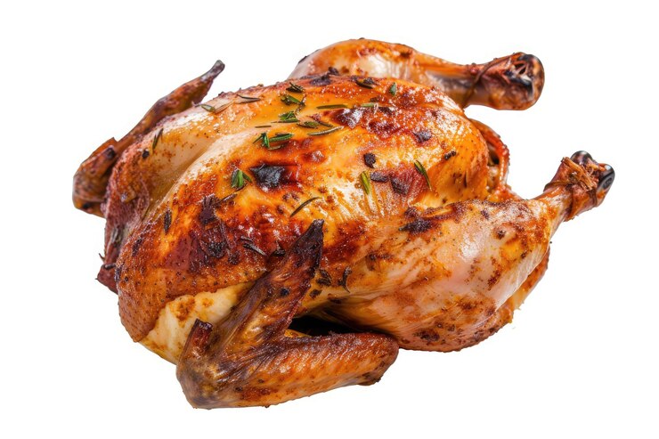 frango assado em fundo branco isolado vista superior