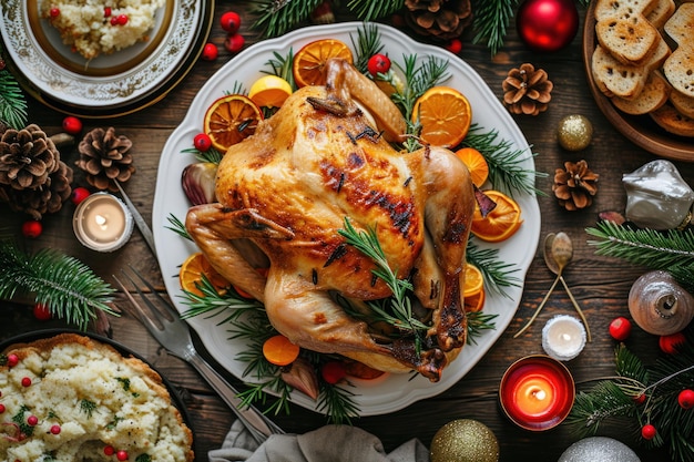 frango assado na mesa conceito de jantar familiar de Natal