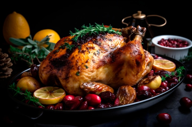 Frango assado suculento com legumes em assadeira sobre mesa de madeira rústica decorada gerada por IA