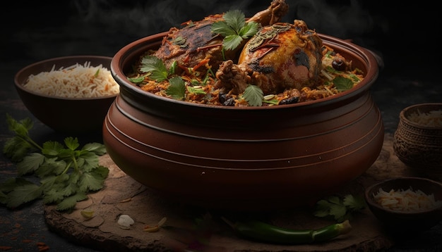 Frango biriyani usando arroz jeera organizado em tigela grande generativa AI