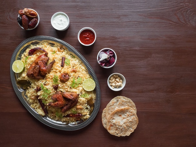 Frango caseiro Biryani. Comida árabe tradicional tigelas Kabsa com carne. Vista superior, espaço de cópia