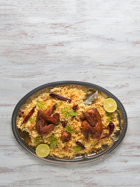 Foto frango caseiro biryani. comida árabe tradicional tigelas kabsa com carne.