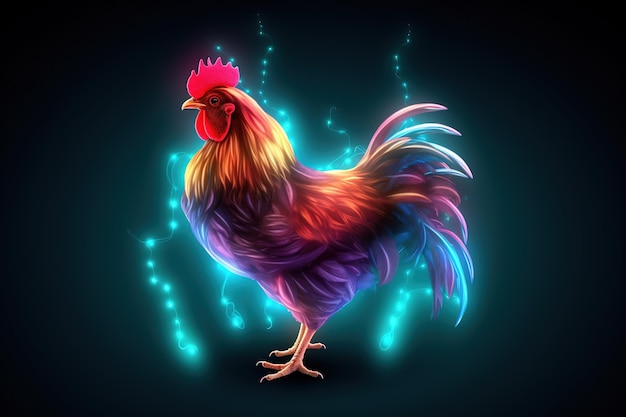 Frango com luz que está no mundo digital em um fundo escuro Ilustração de animais de fazenda IA generativa