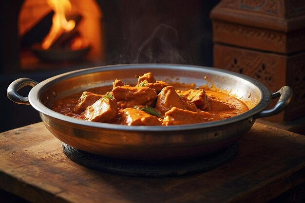 Frango com manteiga sendo cozido em uma panela de tagine