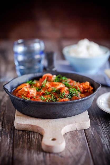 Frango cozido em tomates comida caseira