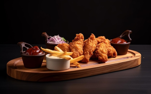 Frango crocante com molho e batatas fritas em uma placa de madeira em um chão de cimento refletor