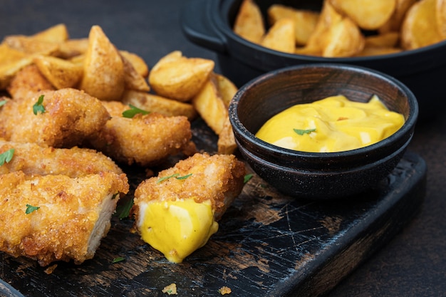 Frango crocante com molho e batatas