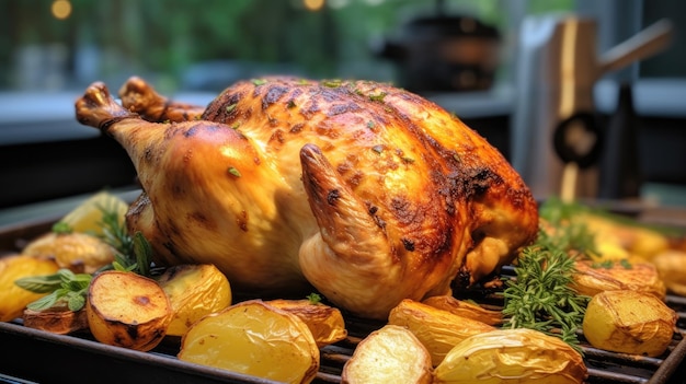 Frango crocante dourado inteiro assado em uma panela cozido com batatas