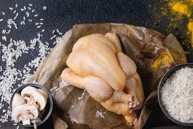 Frango cru com tempero e arroz