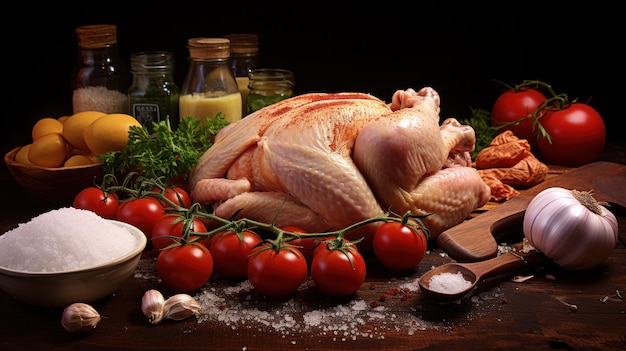 Frango cru cru com ingredientes para cozinhar