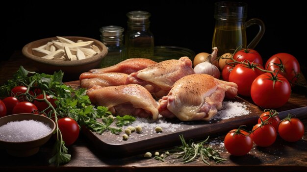 Frango cru cru com ingredientes para cozinhar