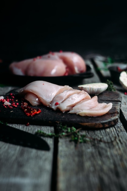 Frango cru em uma mesa de madeira com especiarias