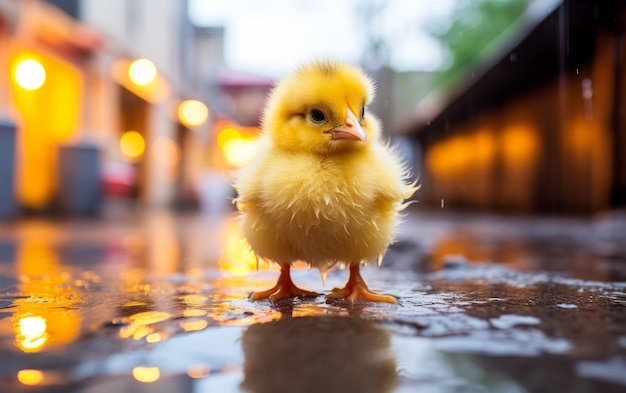 Frango dando um mergulho relaxante em uma poça