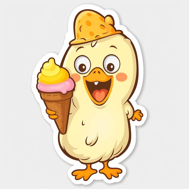Foto frango de desenho animado com adesivo de cone de sorvete